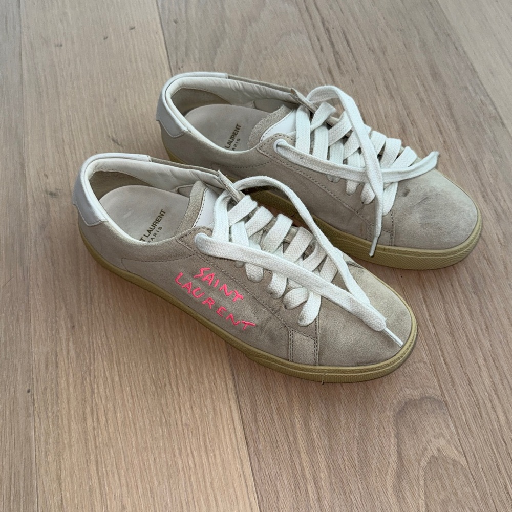 Saint Laurent Beige Sneakers with Pink Accents